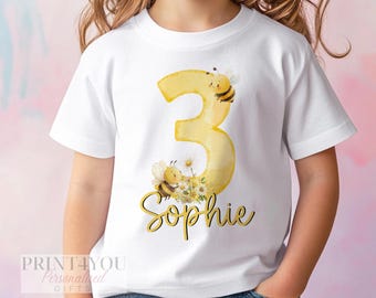 Personalised Bee Birthday Shirt: Custom Name & Age, Yellow Daisy Design