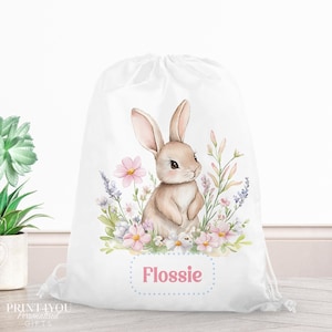 Sac à cordon personnalisé en forme de lapin | Kit trousse à fleurs en PE avec nom personnalisé pour fille | Sac d'école, de danse ou de jouets résistant à l'eau