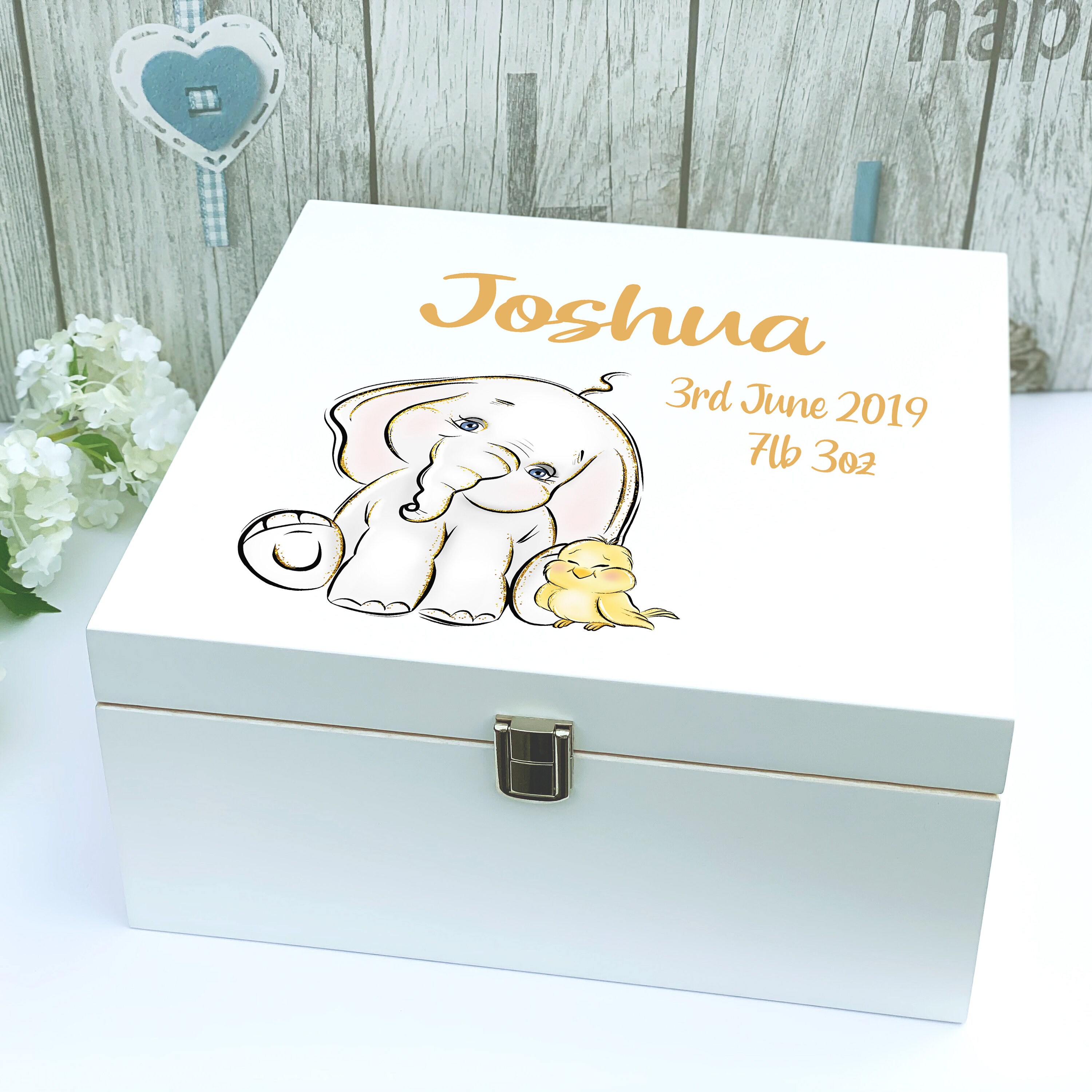 Large Personalised Baby Elephant Keepsake Wooden Memory Box Etsy