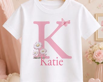 Personalised Initial Name T Shirt, Girls Floral Letter Tee, Custom Kids Name Top, Pink Butterfly Alphabet Shirt, Birthday Gift for Girl