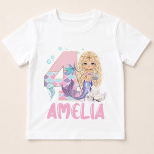 Personalised Mermaid Birthday Shirt: Custom Age, Blonde Hair, Cotton Top
