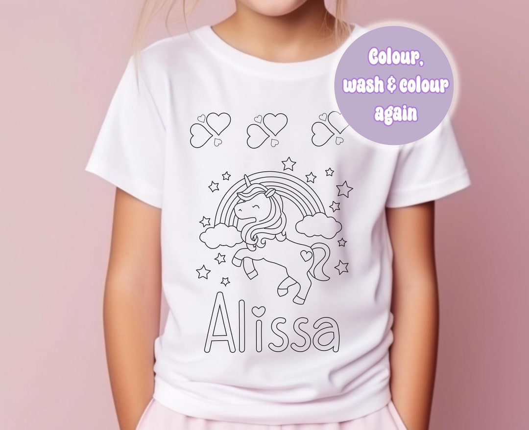 Personalised Unicorn Colour in Activity Kids T-shirt - With Washable ...