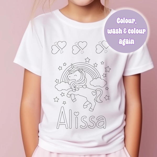 Personalised Unicorn Colour In activity Kids T-shirt - with washable pens