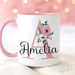 Personalised Gift Mug: Pink Handle with Floral Lettering - Ceramic image 1