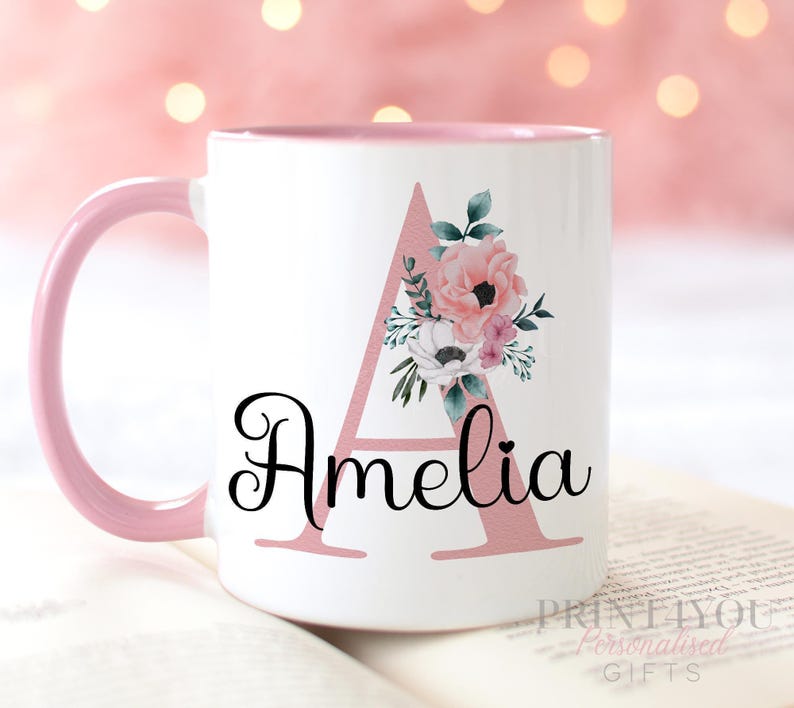 Personalised Gift Mug: Pink Handle with Floral Lettering - Ceramic image 1
