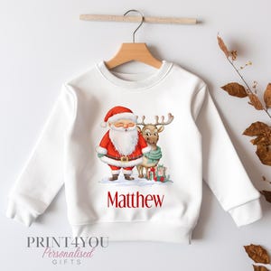 Personalised Christmas Jumper For Children.  White Cotton Sweatshirt - Santa and Reindeer
