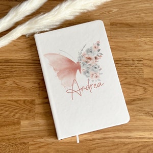 Blush Floral Butterfly A5 Personalised White PU Leather Notebook | Journal | Stationery