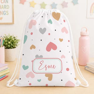 Borsa da ginnastica a forma di cuore personalizzata, borsa con coulisse personalizzata con nome, borsa per la palestra scolastica per bambine, borsa per l'asilo, borsa per danza e nuoto per bambini, regalo per il ritorno a scuola