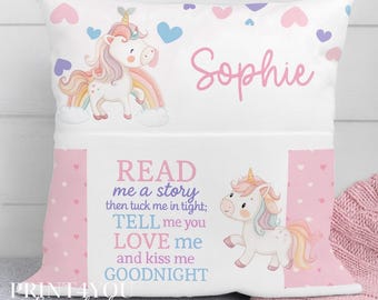 Personalised Unicorn Book Cushion: Children's Velvet Bedtime Story Pillow