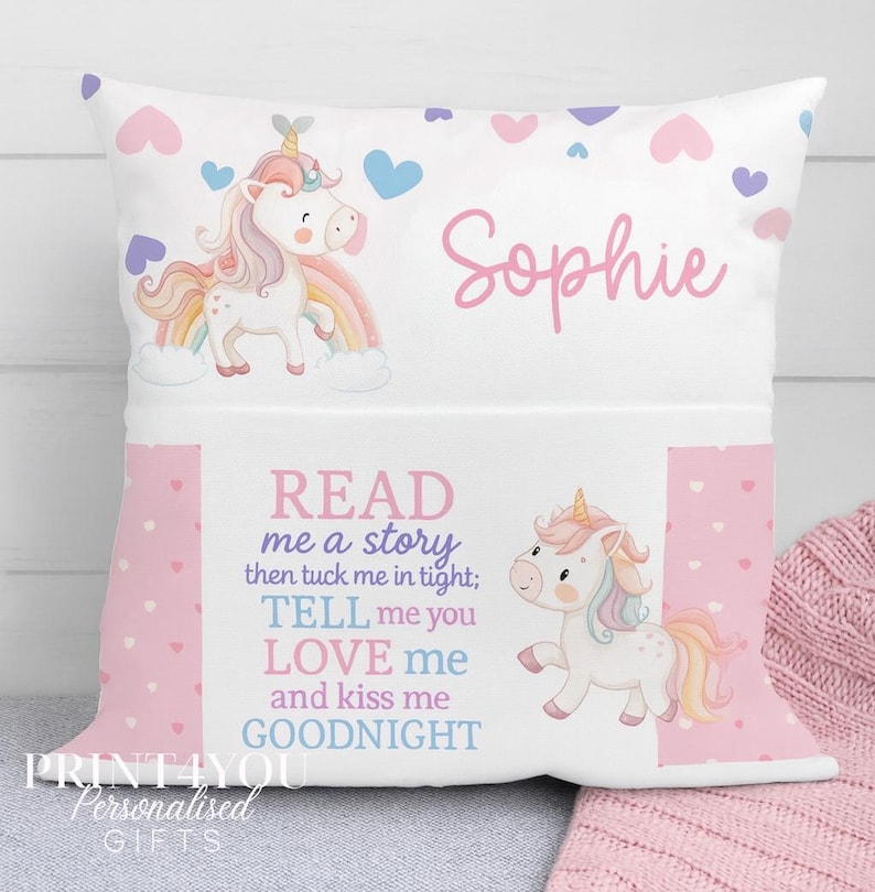 Personalised Unicorn Book Cushion: Children's Velvet Bedtime Story Pillow image 1