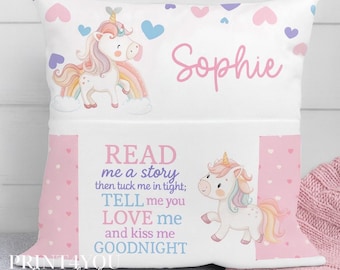 Personalised Unicorn Book Cushion: Children's Velvet Bedtime Story Pillow