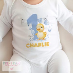 First Birthday Duck T-shirt - Personalised Baby Clothing - Yellow Duck Graphic, Soft Cotton, Durable Print, Multiple Sizes 画像 4