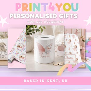 The image is a collage of five different images, each featuring a personalized gift item, such as a mug, bag, or pillow, with a personalized name printed on it. The text above the collage reads "PRINT4YOU PERSONALISED GIFTS FOR ALL OCCASIONS", and the text at the bottom of the image says "BASED IN KENT, UK".