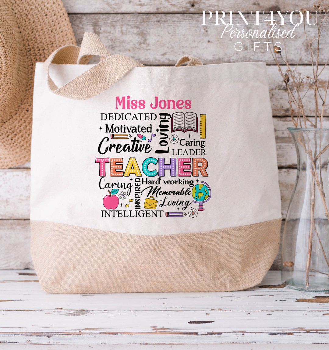 Thank You Teacher Gift, Personalised Cotton Jute Tote Bag - Available ...