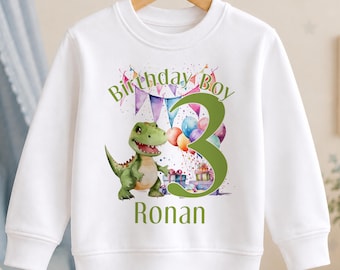 Personalised Birthday Age Sweatshirt Jumper For Children. Any Age, White Cotton Sweatshirt - Boys green Dinosaur Party Number and name