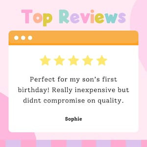 The image is a screenshot of a webpage with a review section. The review section contains a rating of 5 stars and a message about a birthday celebration. The review says that the celebration was really inexpensive but didn't compromise on quality. The name "Sophie" is mentioned in the review.