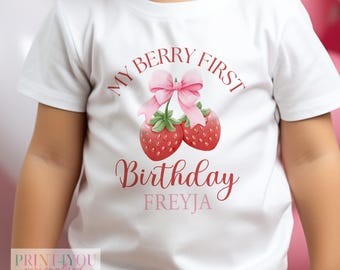 Berry 1st Birthday Vest Set Personalised Baby Outfit, Strawberry Print (Cotton Sleepsuit, Bib & Vest, Sizes 6-18 Months)
