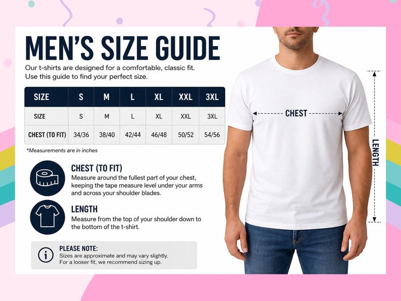 The image is a men's size guide, which provides measurements and guidelines for finding the perfect fit for a t-shirt.