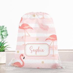 Sac à cordon personnalisé Flamant rose | Sac en polyéthylène avec nom personnalisé pour fille | Sac de natation, de danse ou de jouets résistant à l'eau pour enfants | Sac de sport scolaire