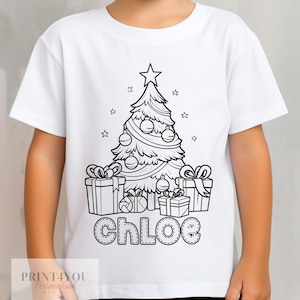 Personalised Christmas Tree and Presents Colour In activity Kids T-shirt, stocking fillers, Christmas Eve Box, Gift from Elf