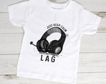 Children's White Gaming Gamer Headset Cotton Personalised T-shirt - Keep Calm and Blame it on the Lag