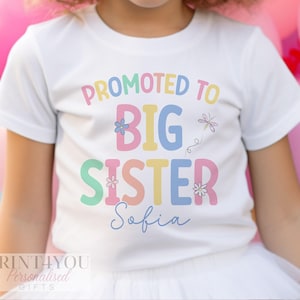 Big Sister T-Shirt - Personalised Pastel Heart Kids Tee - Soft Cotton Fabric, White Top, Pregnancy Announcement Wear image 1