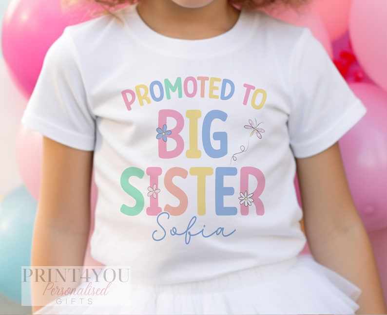 Big Sister T-Shirt - Personalised Pastel Heart Kids Tee - Soft Cotton Fabric, White Top, Pregnancy Announcement Wear image 1