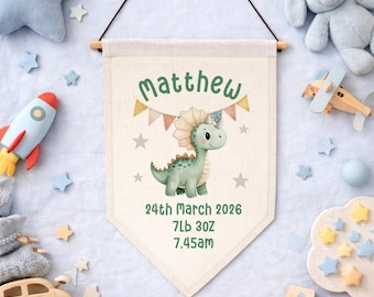 Personalisierte Dinosaurier-Wimpelflagge - Baby-Flagge mit Name und Geburtsdaten, Kinderzimmerdekoration, Dino-Kinderzimmergeschenk, neues Baby-Andenken-Wandbehang