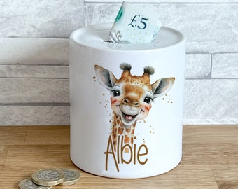 Personalised Ceramic White Money Box Coin Bank - Cute Safari Giraffe Head