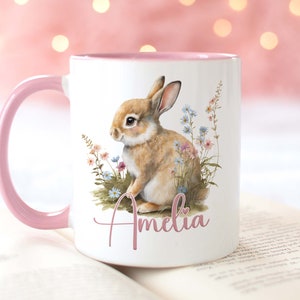 Personalised gift mug, Pink Handle Mug, Gorgeous Bunny Rabbit and Flowers, Easter Gift Ideas