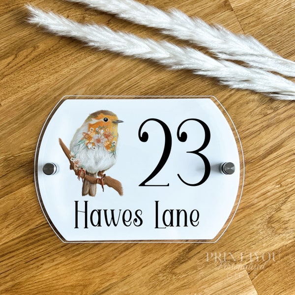 Personalised Acrylic External Door Number Plates Plaques Floral Robin