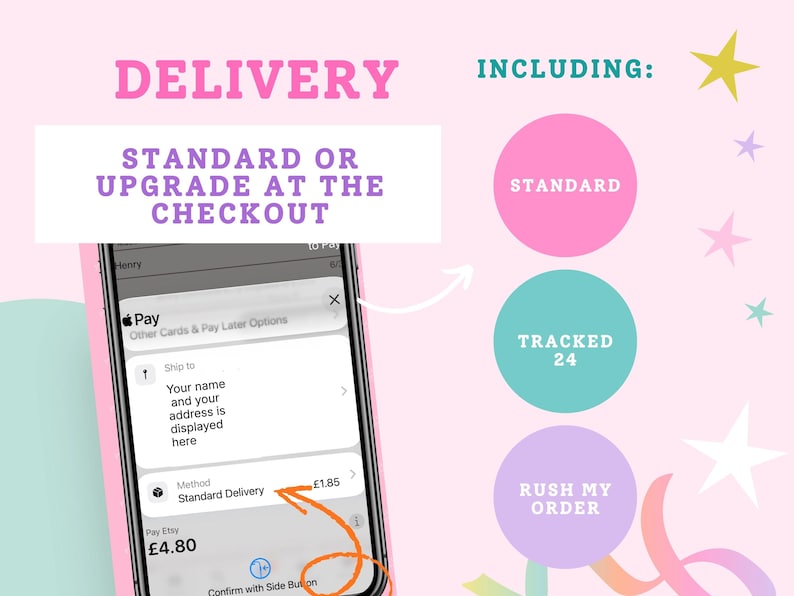 a picture of a cell phone with the text delivery standard or upgrade at the check