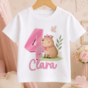 T-shirt d'anniversaire personnalisé Capybara rose : prénom et âge personnalisés, joli motif animal | Coton doux, tailles enfant 6 mois-10 ans