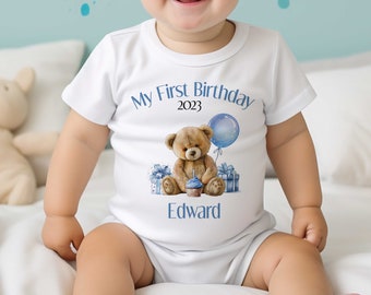 Personalised First Birthday One T-shirt, Sleepsuit and vest, Blue Teddy Bear First Birthday Outfit.