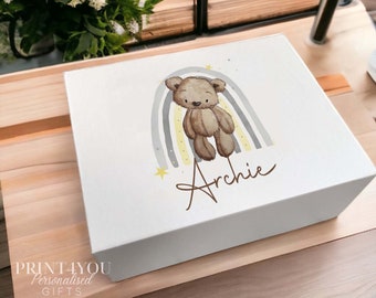 Brown Teddy Bear Rainbow Gift box, Baby Keepsake Gift Box, New Baby Personalised Gift Box, Magnetic closed white box