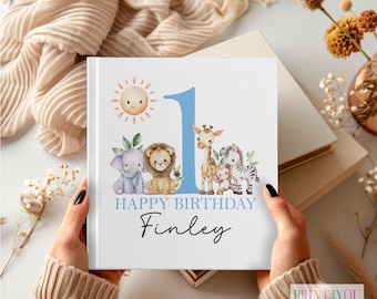 Personalisiertes Fotoalbum zum ersten Geburtstag - Kundenspezifisches neues Baby-Andenken - 22 x 22 cm, fasst 76 Fotos, blaues Safari-Design zum 1