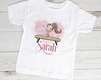 Children's White Cotton Personalised T-shirt - Gymnastics Dancer on a Beam Letter and name