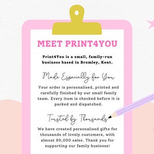 The image is a promotional poster for a small family-run business called Print4You, based in Bromley, Kent. The poster features a pink clipboard with text and a pencil, along with colorful stars in the background.