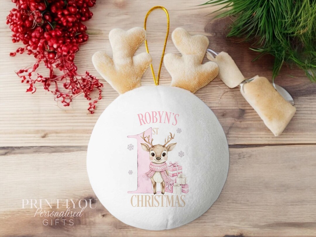 Personalised Babies First Christmas Decoration, White Plush Hanging ... image.