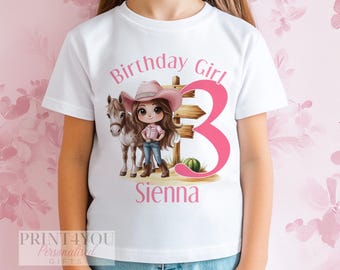 T-shirt d'anniversaire cow-girl personnalisé : t-shirt cheval western, nom et âge personnalisés