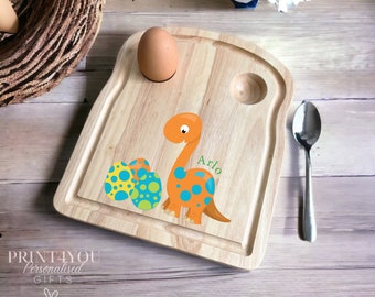 Personalised breakfast board, dippy egg and soldiers, wooden board, Dinosaur, stocking filler, birthday gift, present, christening Baptism