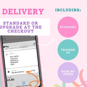 a picture of a cell phone with the text delivery standard or upgrade at the check