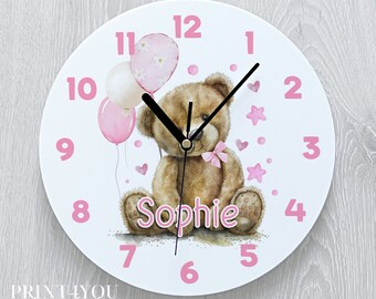 Personalised Childrens Acrylic Clock | Perfect Gift for a Girl | 24.5cm Wide | New baby Girl Gift l Pink teddy Bear with Balloons