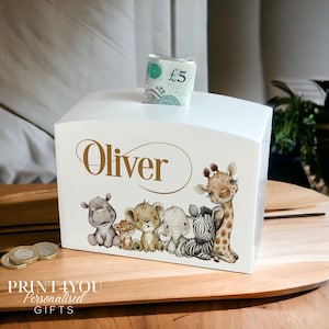 Jungle Safari Animals Personalised Solid luxury curved top rectangular white money box