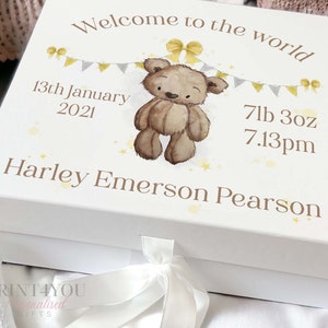 Personalised New Baby Keepsake Box: Teddy Bear & Rainbow Design