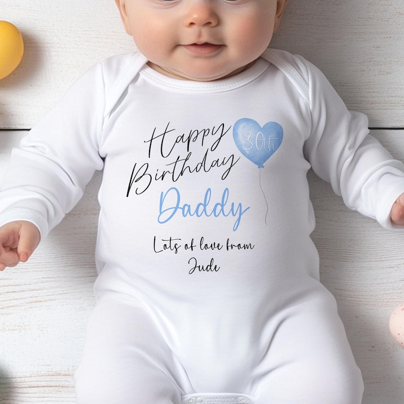 Happy Birthday Daddy Baby Bodysuit: Personalised First Birthday Keepsake, Cotton Softwear (Newborn-18 Months, Blue Heart Elephant) image 4