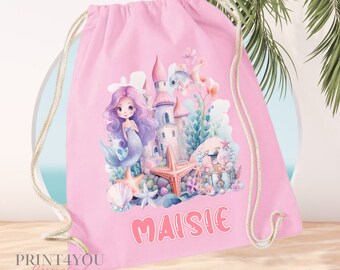 Personalised Pink School Bag, Mermaid under the Sea, PE / Gym / Swim Bag, Back to School kids drawstring bag, 100% Cotton