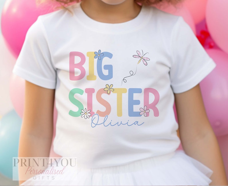 Promoted to Big Sister Heart Design White Personalised Cotton T-Shirt, Big Sister Top, Big Sister Gift, Pregnancy Announcement, Pastel Color image 4