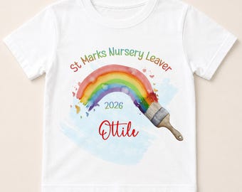 Gepersonaliseerde kinderkamerverlater-T-shirt 2026 regenboog, afstudeer-T-shirt voorschoolse, schoolverlatersshirt, aangepaste naam kindershirt