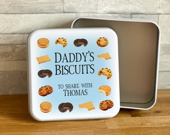 White Square Personalised Biscuit Tin, Tin for Cakes and Biscuits, Gift for him, Blue border Biscuits Dad Grandad Fathers Dad Birthday